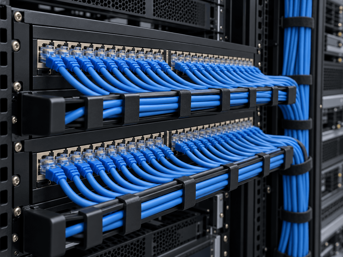 Panel de conexiones con cableado de red organizado